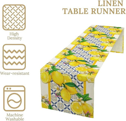 Lemon Table Runner ,Summer Blue Tiles Lemons Kitchen Dining Table Decoration Lemons Table Cover for Indoor Outdoor Home Party Decor, 13 x120 in
