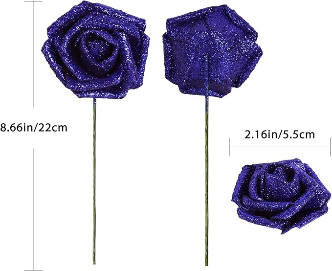 Glitter Foam Roses 30 PCS Royal Blue Roses Artificial Flowers Foam Flowers Glitter Roses with Stem Artificial Flowers for DIY Wedding Bridal Bouquet Party Centerpieces Decor(Royal Blue)