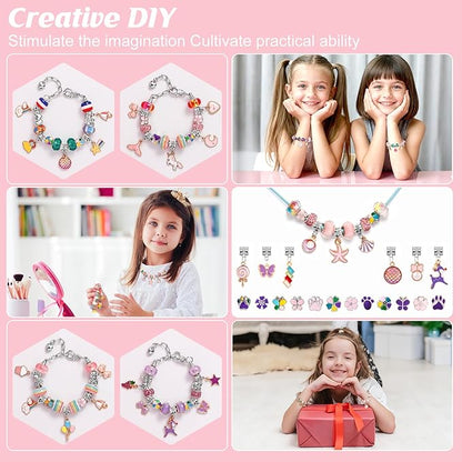 YJK Charm Bracelet Making Kit, 5-12 Year Old Girl Birthday Gifts, 133 Pcs DIY Beaded Jewelry Making Kit with Jewelry Box, Creative Crafts for Girls, Charm Necklace Making kit for Girls (Purple & Pink)