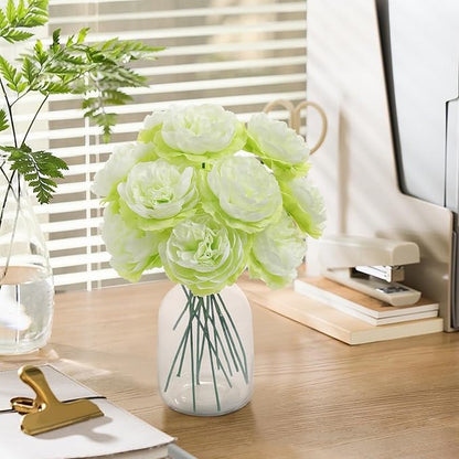 12 PCS Artificial Silk Green Peony Flowers with Stems - 8 Inch Fake Peony Bouquet for Wedding, Home Decor, Office Table, Festival Gifts