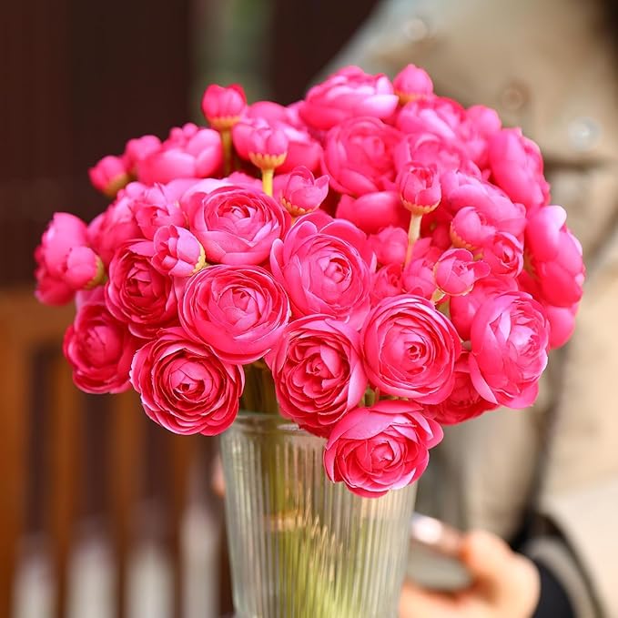 24 Pcs Ranunculus Artificial Flowers 10.5", Mini Faux Silk Ranunculus with Stem, Fake Flowers for Home Decor Indoor Wedding Bouquets Centerpieces (Hot Pink)