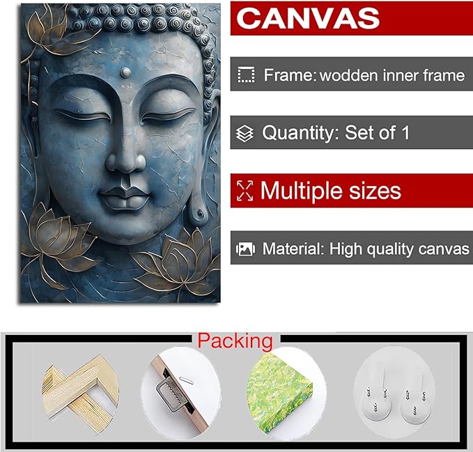 Canvas wall art Golden lotus crown Serene Buddha poster Ethereal blue toned art with delicate floral decor Zen wall art for a tranquil meditation space 8x12in Wood Framed