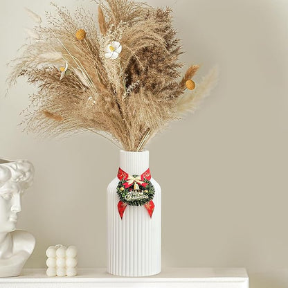 Pure White Ceramic Flower Vase for Christmas, Minimalist Modern Home Decor, Matte Finish Pampas Grass Vase for Table, Fireplace, Shelf, Mantel, Entryway and Centerpieces