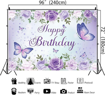 8x6Ft Purple Butterfly Birthday Banner Backdrop for Women Girl Purple Happy Birthday Backdrop Banner (96x72 Inch) Rose Flowers Butterfly Decortions Background for GILR 's Party