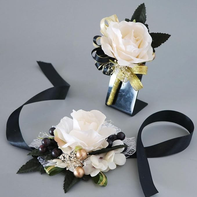 Aimto Ivory Rose Rose&Black Wrist Corsage and Boutonniere Set for Ivory Rose Wedding Flower Accessories Prom Suits (3pairs Ivory Rose Set)