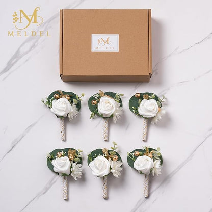 Meldel White Boutonniere for Men Wedding, Set of 6, Best Man Groom Groomsmen Boutonniere, Men Boutonnieres for Wedding Prom Party Homecoming