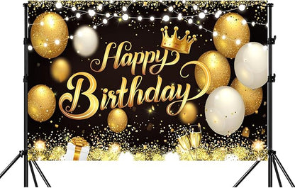 YinQin 180x120 cm Black Gold Happy Birthday Party Backdrops Cloth 71x47 in. Glitter Black Gold Happy Birthday Photography Backgrounds Banners Black Gold Happy Birthday Sign Decorations for Men Women