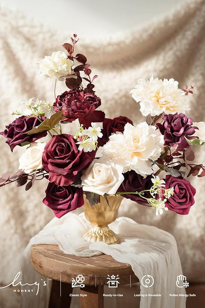 Ling's moment Burgundy Artificial Flowers and Greenery Combo Box Set, Marsala & Cream Fake Flower for DIY Wedding Bridal Bouquet, Centerpieces Decor, Floral Arrangement Decor, etc.