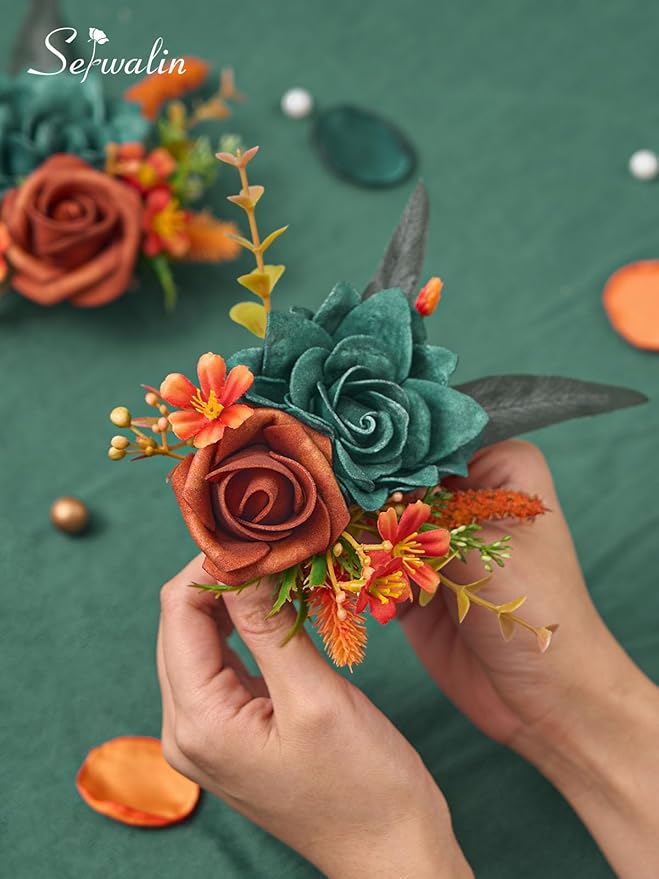 Serwalin Set of 2 Boutonniere for Men, 6-7inch Corsage Groom and Best Man Boutonnieres for Wedding Prom Ceremony Anniversary Party Cake Topper, Teal Orange