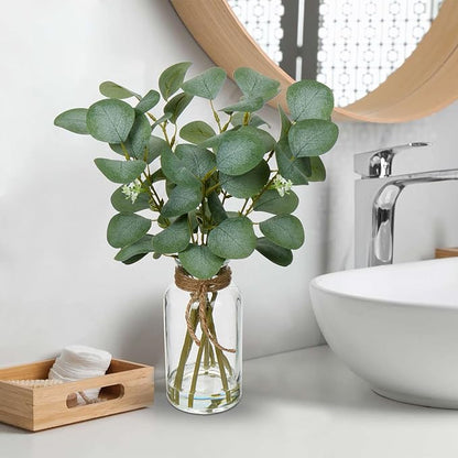 Briful Artificial Eucalyptus Stems in Glass Vase with Faux Water, 14" Fake Plant Eucalyptus Leaves for Home Farmhouse Wedding Centerpiece Bathroom Décor, 2 Packs