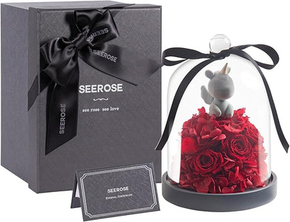 SEEROSE Preserved Rose with Unicorn in Glass Dome, Eternal Real Rose Romantic Gift for Her, Women, Mom, Wife, Girlfriend, Valentine’s Day, Mother’s Day, Christmas, Birthday (Lucky Unicorn, Red)