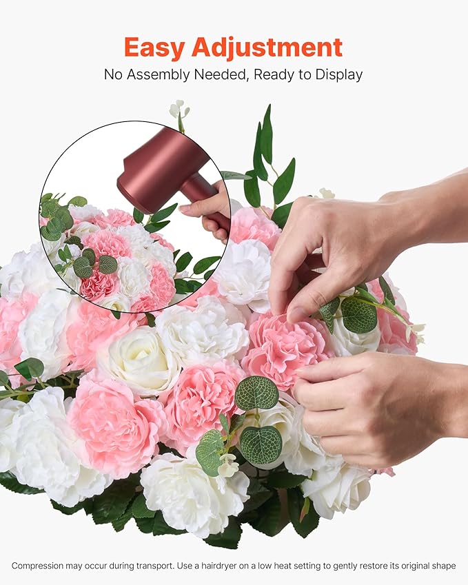 VEVOR Flower Ball Arrangement Bouquet 10 PCS, 17.7-Inch Diameter Artificial Flower Balls Wedding Table Centerpieces, Rose Arrangements for Wedding Centerpiece Home Decorations, Pink and White Roses