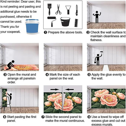 Peony Flower Wall Mural, Retro Pink Peony Flower 3D Wall Murals, Romantic Garden Theme Wallpaper Mural, for Living Room Bedroom Large Wallpaper Indoor Decor 137.8" W x100 H