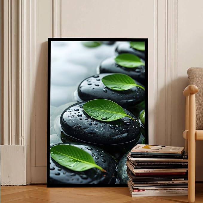 Glittering black stone cluster with fresh green leaves and water drops poster tranquil mist rain wall art zen wall art suitable for modern minimalist home decor 16x24in Metal blackFramed