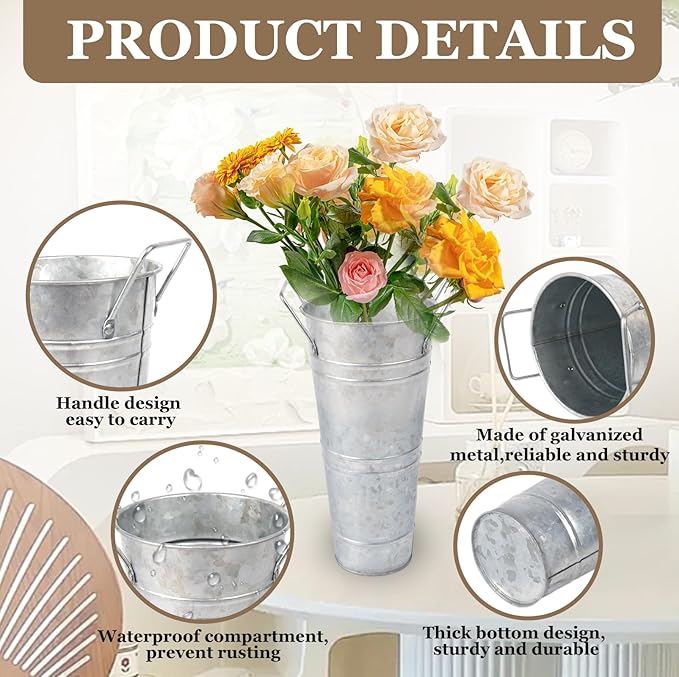 8pcs 10inch Small Galvanized Flower Bucket,Small Metal Vases for Flowers,Metal Vase,Flower Vases for Bouquet,Flower Buckets for Flower Bar Supplies (Silver,10inch Height,Set of 8)