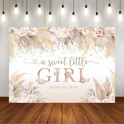 Mocsicka Boho Hello Baby Backdrop Boho Chic Pink Flowers Baby Shower Background Vinyl A Sweet Little Girl is on The Way Party Cake Table Decorations Photo Booth (10x7ft)