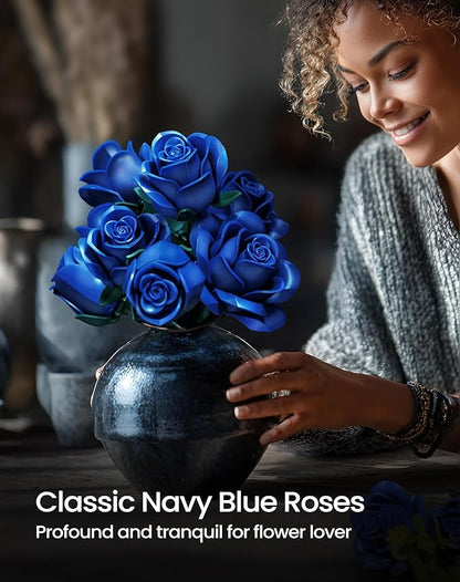 iATOM Blue Rose Bouquet Building Set, Gift for Christmas, Artificial Flowers Botanical Collection for Adults - Gothic Home Office Table Centerpiece Retro Decor - IA11007