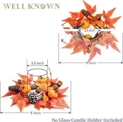 2 Pcs Mini Fall Orange Pumpkins and Maples Candle Rings Wreaths for Pillars Home Table Window Decor, 9" Artificial Flower Cabinet Wreath for Winter Kitchen Farmhouse Wedding Christmas Party & Gift