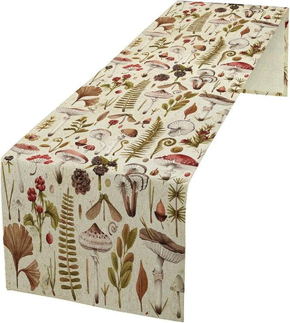 Vintage Mushroom Table Runner Rustic Botanical Plants Boho Wildflower Spring Summer Seasonal Dinner Runner for Farmhouse Kitchen Dining Table Decoration Cabin Home Holiday Party 13x108in