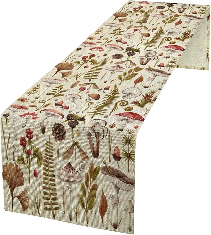Vintage Mushroom Table Runner Rustic Botanical Plants Boho Wildflower Spring Summer Seasonal Dinner Runner for Farmhouse Kitchen Dining Table Decoration Cabin Home Holiday Party 13x90in