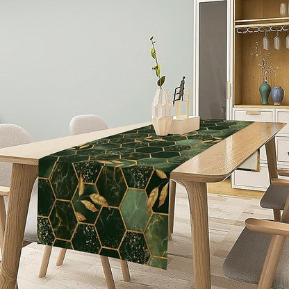 Hunter Green Marble Table Runner Abstract Dark Emerald Green Marble Hexagon Texture Golden Leaves Dinner Runner Table Decoration for Home Kitchen Dining Holiday Party 13x90in