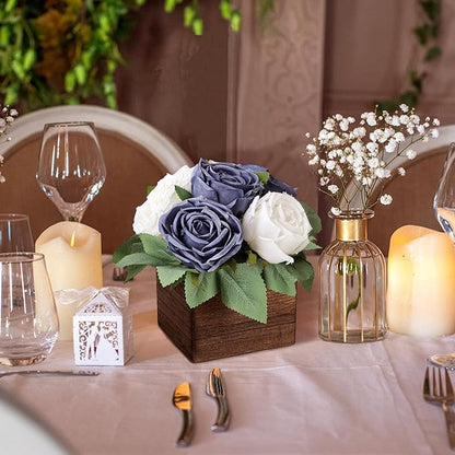 Dining Table Centerpiece Set of 6 - Pre-Made Aritifial Rose with Wooden Vase Fake Floral Arrangment Faux Flower for Wedding Bridal Tea Party Event Decorations - Navy Blue & White