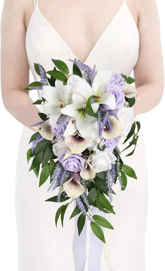 Wedding Bouquet,11 Inch Bridal Bouquet Cascading Wedding Bouquets for Bride for Wedding Ceremony and Anniversary(Lilac & White)