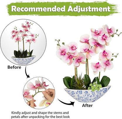 Briful Pink Orchid Fake Flowers 17in Artificial Orchid Silk Flowers in Blue and White Ceramic Vase Faux Orchid Arrangement for Elegant Home Office Room Dining Table Centerpiece Shelf Modern Decor