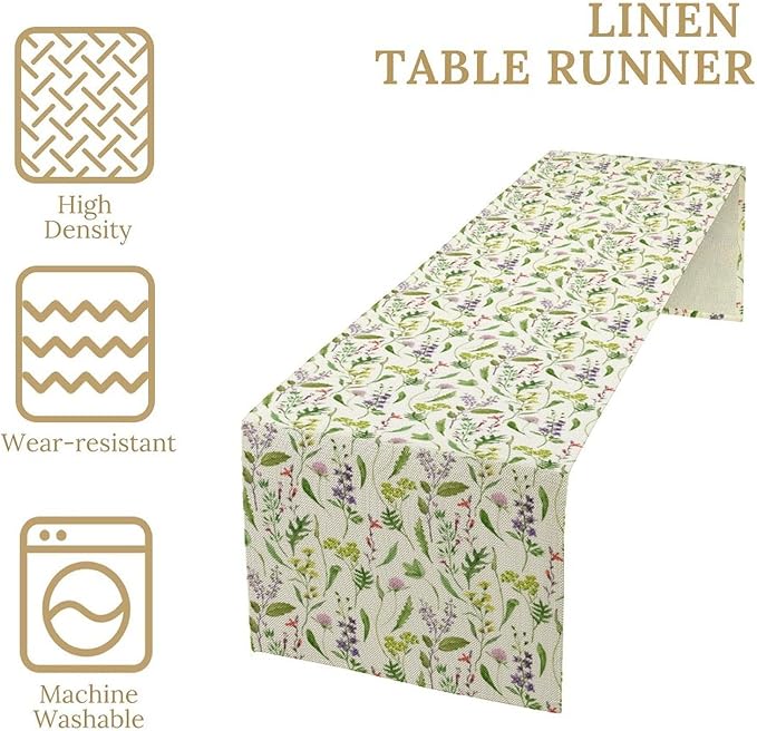 Wildflower Table Runner, Watercolor Green Botanical Flowers Vintage Bohemian Design Table Runner for Kitchen Dining Home Party Home Decor , 13x70 Inch
