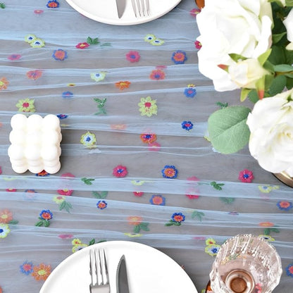 Joanlody Blue Embroidery Daisy Christmas Table Runner Florals Seasonal Tulle Table Runner Holiday Kitchen Dining Table Decoration Wedding Party
