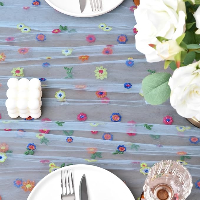 Joanlody 3pcs Blue Embroidery Daisy Christmas Table Runner Florals Seasonal Tulle Table Runner Holiday Kitchen Dining Table Decoration Wedding Party