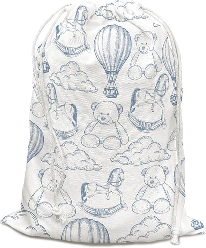 DSHFG Light Blue Chinoiserie Birthday Drawstring Gift Wrap Bags, Cute Chinoiserie Toy Bear Baby Shower Drawstring Gift Bags Canvas, Blue and White Small Happy Birthday Bag, 10x13 Inch