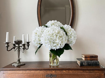 YalzoneMet 4Pcs White Silk Hydrangeas Artificial Flower Natural Lifelike Big Blooms 20'' Long Stem Faux Hydrangea Flower Bouquets for Home Party Indoor Outdoor Wedding Table Centerpiece Decor