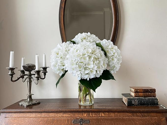 YalzoneMet 4Pcs White Silk Hydrangeas Artificial Flower Natural Lifelike Big Blooms 20'' Long Stem Faux Hydrangea Flower Bouquets for Home Party Indoor Outdoor Wedding Table Centerpiece Decor