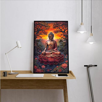 Golden Buddha on lotus seat serene meditation statue amidst lush trees flowing water and sunrise light spiritual home art for a tranquil decor 8x12in Metal blackFramed