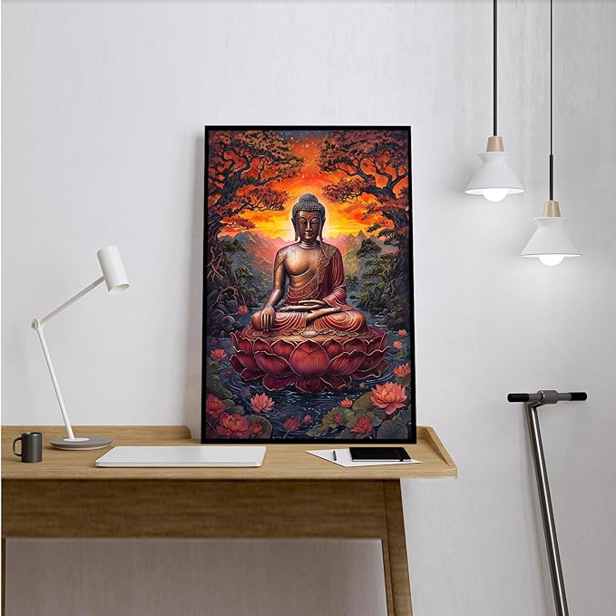 Golden Buddha on lotus seat serene meditation statue amidst lush trees flowing water and sunrise light spiritual home art for a tranquil decor 12x18in Metal blackFramed