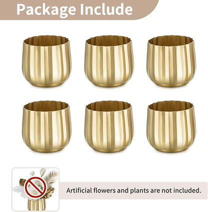 Gold Vases Compote Centerpiece Planter: 4" Ribbed Metal Vase Small Compote Bowl Planter Pot with Drainage Hole for Wedding Table Centerpiece Indoor Plants Set of 6