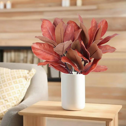 4 Artificial Magnolia Leaf Stems, Real Touch Fake Green Branches for Flower Arrangement, Centerpiece for Indoor and Outdoor Home Dining Tables, Wedding and Party Decorations(Red)