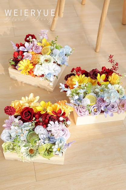 Artificial Flower Box Set Silk Fake Flowers DIY Center Cake Decoration Wedding Bouquet Corsage Home Decor Outdoor Decor Gift (Small Rainbow Flower)