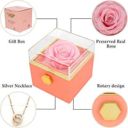 ‌TINGKU Eternal Real Rose Gift Box for Women, Preserved Rose with Customized Name Engraved Heart Necklace, Personalized Romantic Gift for Wife, Girlfriend, Mom, Mother's Day Love Keepsake