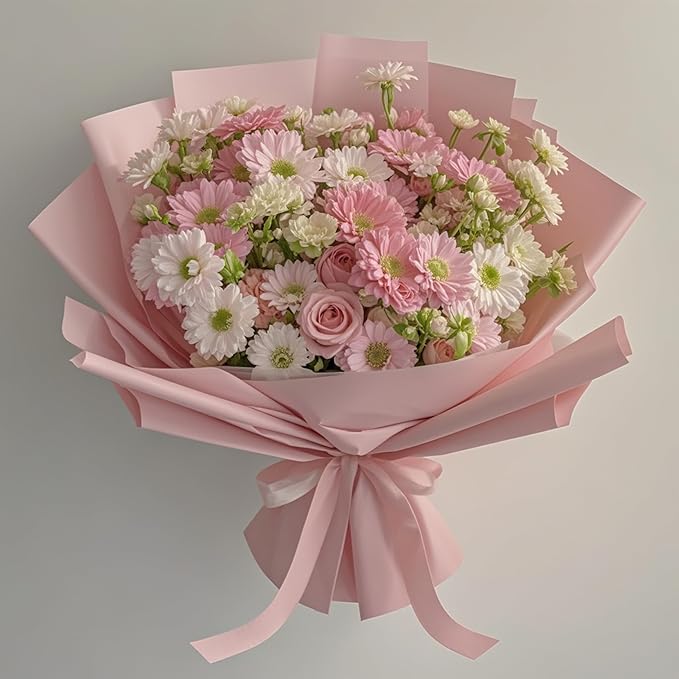 LeZakaa 20 Sheets Valentine Flower Wrapping Paper, Pink with White Heart Pattern Waterproof Floral Bouquet Paper, for Valentines, Mothers Day, Party, Romantic Birthday, Wedding, Anniversary