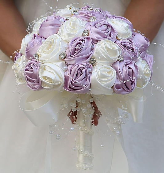 Bridal Wedding Bouquet Round Bling Brooch Bouquet Throw Toss Artificial Rose Flower Bunch for Bride Bridesmaid Wedding Quinceanera(Light Taro Purple & Ivory, 7.5")
