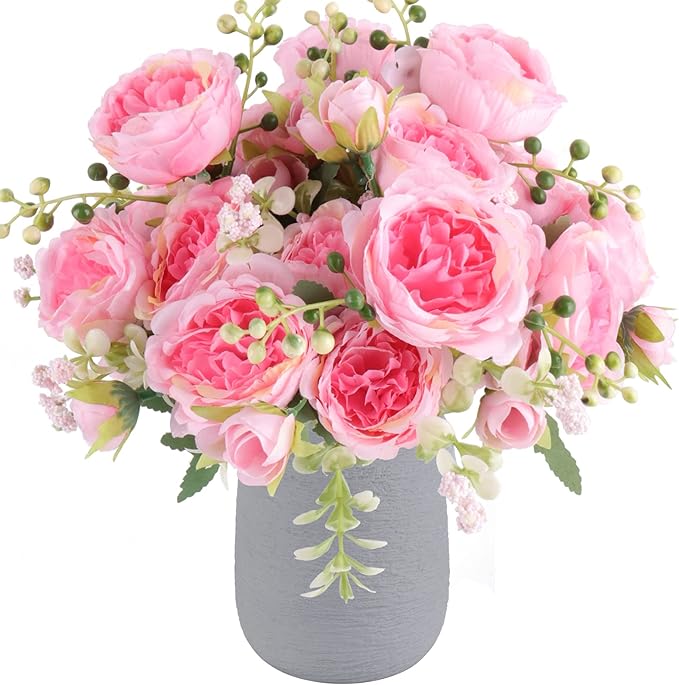 Artificial Peonies Silk Flowers, Pink Faux Peony Bouquet 4 Bundles Florals Arrangements Decor for Farmhouse Home Boho Wedding Table Centerpiece, Fake Plastic Flowers Bulk for Vase Decoration (Pink)
