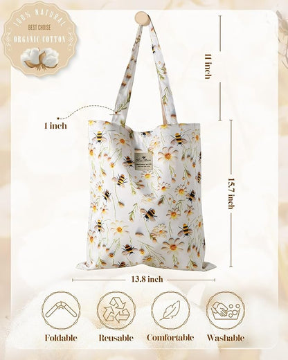 Aesthetic Cotton Tote Bag for Women - Reusable Shoulder Bag with Buckle Fabric Bag for Gym, Travel, Work