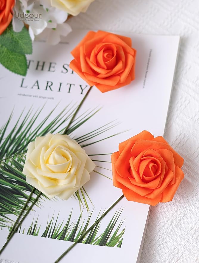 50pcs Artificial Flower，Real Touch Foam Roses w/Stem DIY for Wedding Bouquet Centerpieces Party Shower Home Decor-Yellow Orange