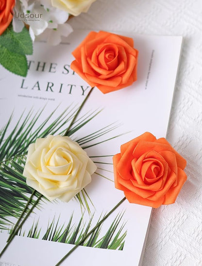 50pcs Artificial Flower，Real Touch Foam Roses w/Stem DIY for Wedding Bouquet Centerpieces Party Shower Home Decor-Yellow Orange