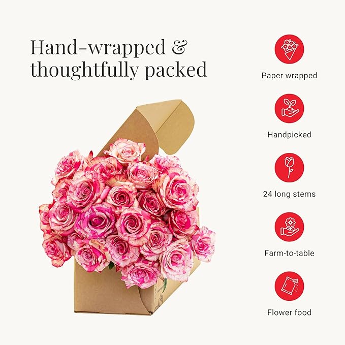 BloomsyBox - Bicolor Roses - 24 Long Stems, Long Lasting, Hand-Tied in Eco-friendly, Vase Not Included, Fresh Flowers for Delivery – Gift for Birthday, Anniversary, Get Well, Congratulations, Wedding