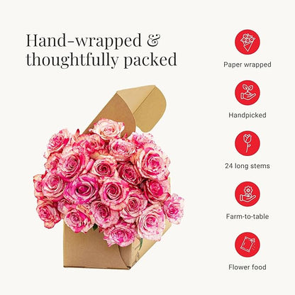 BloomsyBox - Bicolor Roses - 24 Long Stems, Long Lasting, Hand-Tied in Eco-friendly, Vase Not Included, Fresh Flowers for Delivery – Gift for Birthday, Anniversary, Get Well, Congratulations, Wedding