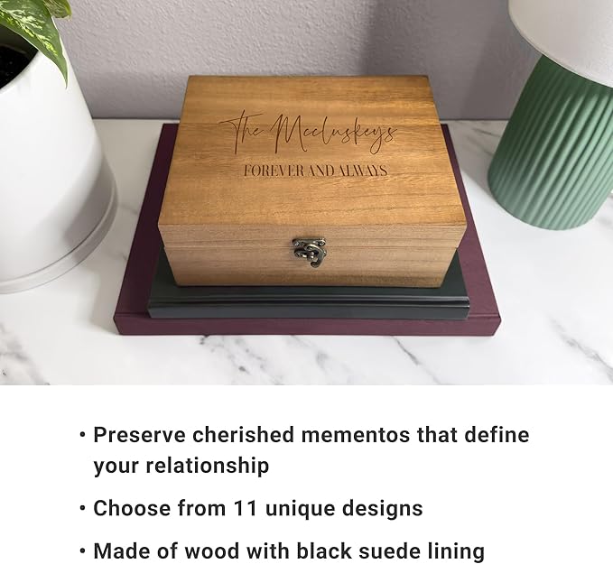 Let's Make Memories Personalized Wooden Keepsake Box With Hinged Lid - Wood Memento Box - Decorative Storage - Home Decor - For Couples, Wedding, Newlyweds - Laser Engraved - Initials & Message