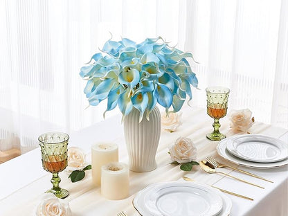 24 Pcs Artificial Calla Lily Flowers Light Blue Fake Silk Flowers Real Touch for Wedding Bouquet Office Home Kitchen Decor (White Blue)